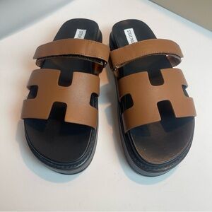 Steve Madden Women's Bigmayven Platform Slide Brown Leather Sandals Sz 9.5